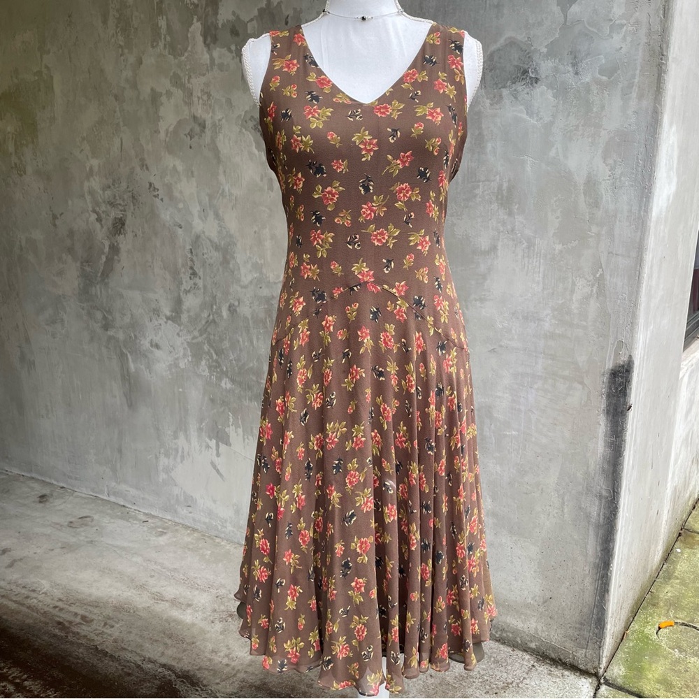 Jones New York Brown Floral Midi Dress with Pink and Yellow Accents